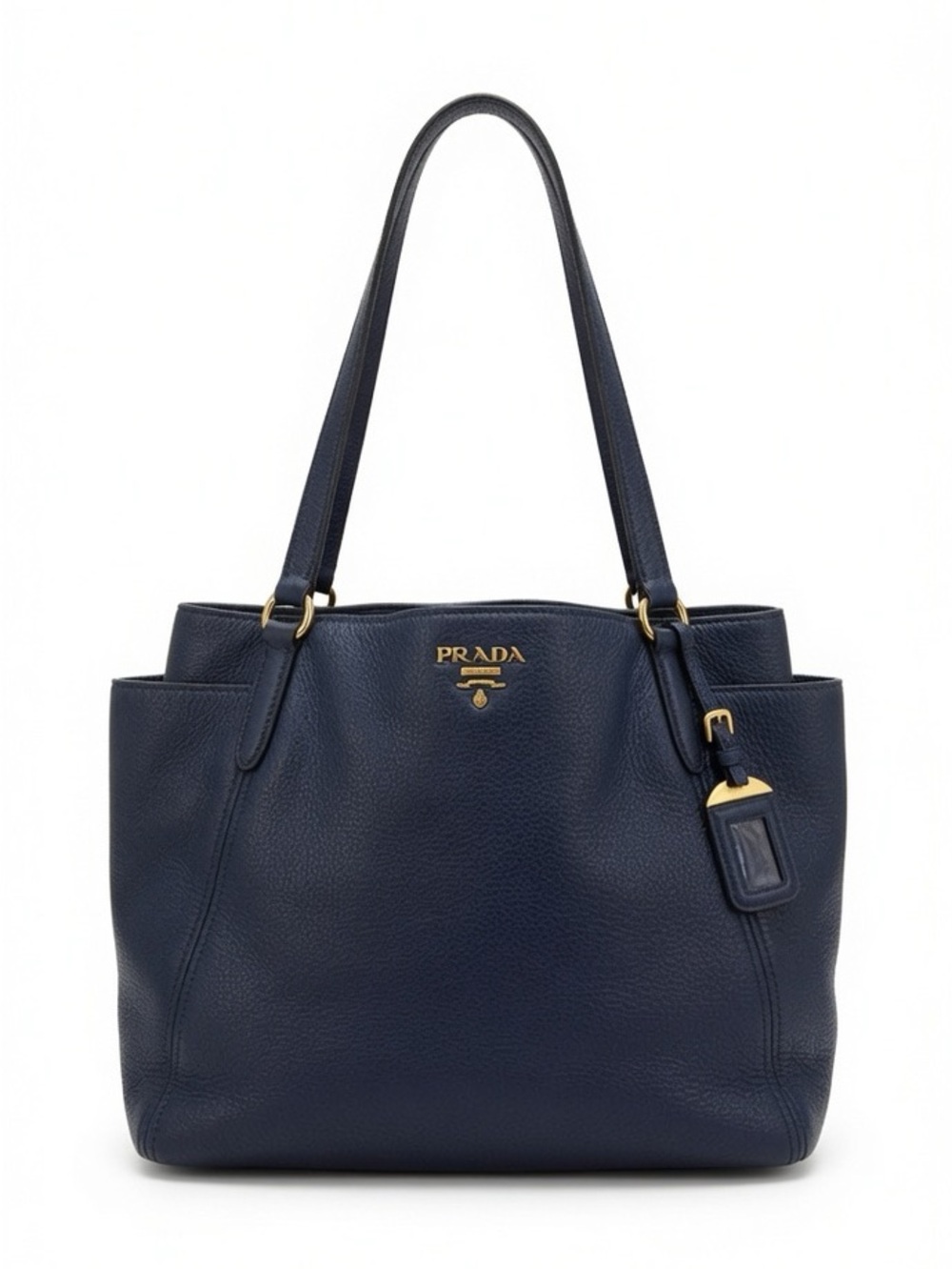 Prada Navy Pebbled Leather Tote with Gold-Tone Accents No Strap